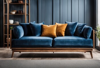 modern sofa with a blue cushion and a wooden frame