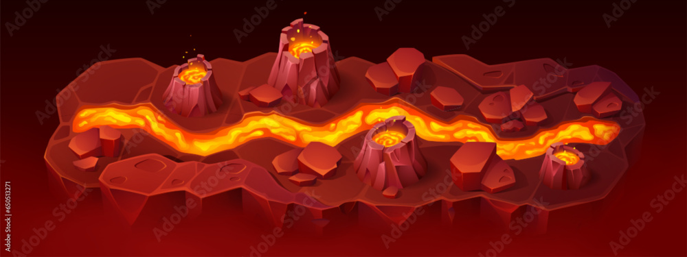 Poster game map with river of lava flowing among hot ground and craters with burning magma. cartoon vector 