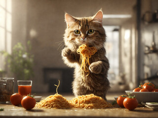 Cute cat with spaghetti and tomatoes on table in kitchen. Pet food. AI-Generated