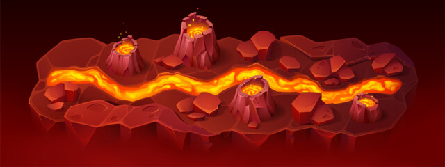 Game map with river of lava flowing among hot ground and craters with burning magma. Cartoon vector horizontal level interface with path to next stage. Platform with flaming liquid stream or road. © klyaksun