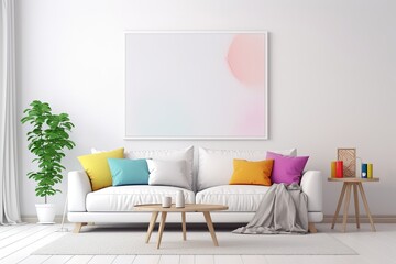 colorful home interior mockup room template living room with sofa and blank frame poster on backdrop wall design ideas showcase template design
