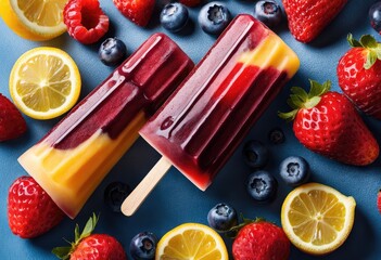 refreshing fruit ice pop with layers of pureed strawberries, pureed raspberries, pureed blueberries, and lemon juice
