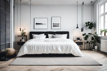 a minimalist Scandinavian bedroom with a stark black and white color scheme