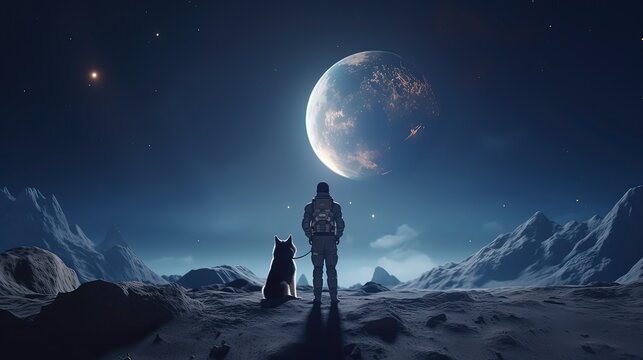 Astronaut and dog walking towards the moon. Generative ai.