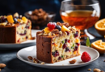 rich fruit cake with layers of butter cake batter, diced candied fruits, diced nuts, and brandy.