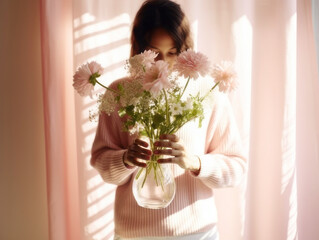 Woman in a pink sweater covers her face with a vase of flowers astras