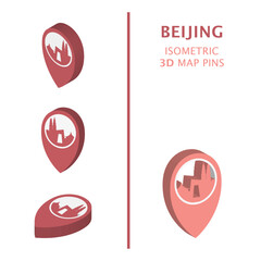 China Beijing 3D vector logo set. Isometric map pin, geolocation pointer, modern skyline icon, concept, isolated graphic