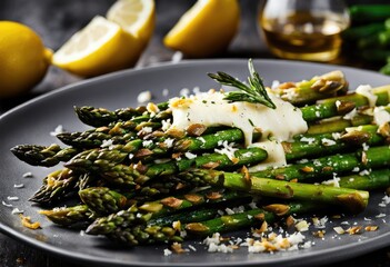 roasted asparagus dish with parmesan cheese and lemon zest. - obrazy, fototapety, plakaty