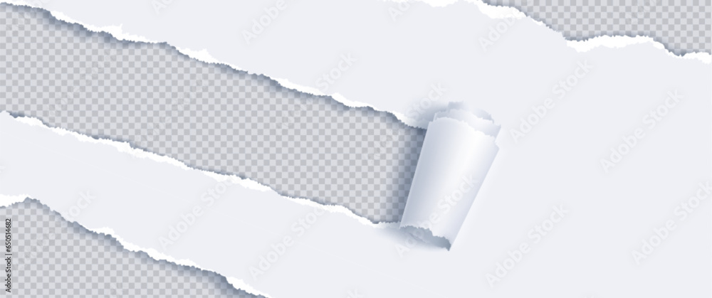 Poster torn paper white edge txture with curl border background. rip strip page isolated template design. e