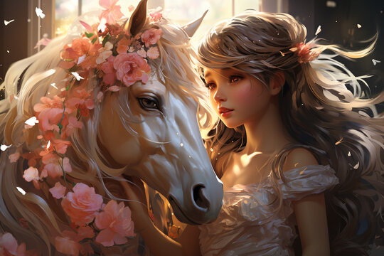 A young girl gently petting a graceful unicorn