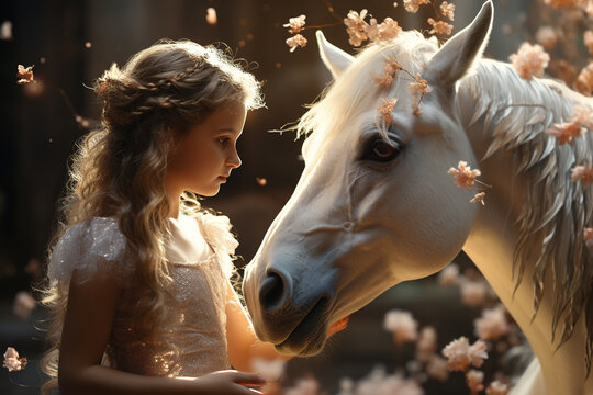 white dress girl with a white horse