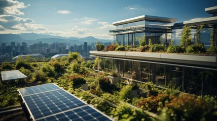 Fotobehang architecture with clean energy, solar panels, vegetation new sustainable architecture © rodrigo