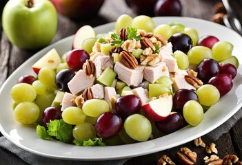 savory fruit salad with diced chicken, celery, grapes, apples, walnuts, and mayonnaise dressing.