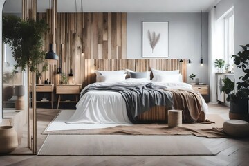 a Scandinavian bedroom with a focus on natural materials like wood, stone, and linen