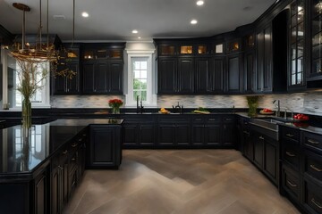 a kitchen with black granite or soapstone countertops for a dramatic effect