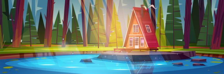 Wooden cabin on shore of lake or river in forest. Cartoon vector landscape of woodland with trees and firs, pond and small vacation house. Summer scenery with village cottage for resort or camping.