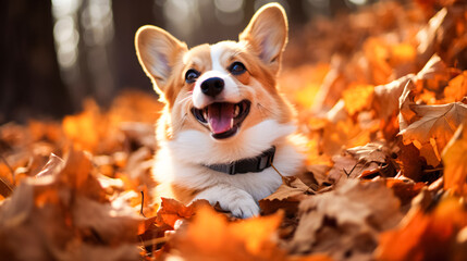 Home pet, cute corgi puppy lies in autumn leaves in park. Love care for animals, walking training dogs outdoors