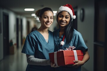 Doctors exchanging Christmas gifts in the hospital - obrazy, fototapety, plakaty