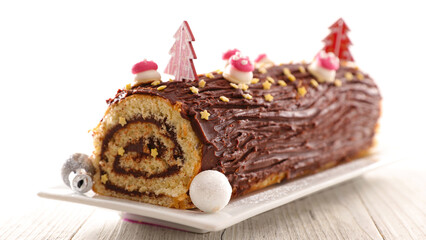 chocolate yule log christmas cake with decoration