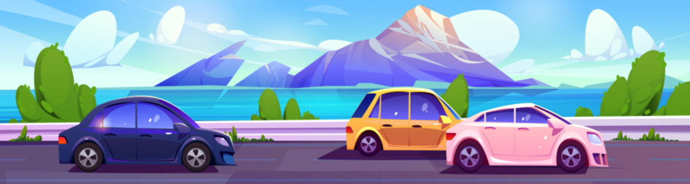 Cars driving on road along river or sea with mountains in horizon. Cartoon vector landscape with rocky hills, water pond and highway with automobiles. Skyline with three vehicles riding on roadway.