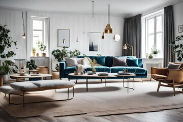 a Scandinavian living room with contemporary furniture featuring clean lines and metal accents