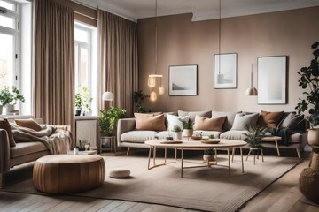 Fototapeta na wymiar a cozy Scandinavian living room with warm neutral tones like beige and taupe