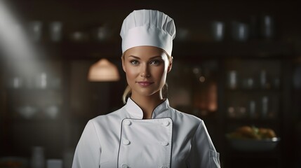 A skilled female chef, donning a refined chef's hat and uniform, exudes culinary expertise in her well-equipped kitchen, where gourmet creations come to life