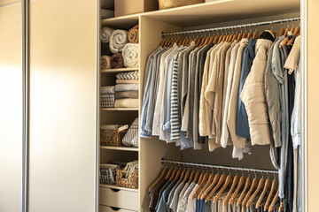 Large wardrobe closet with different clothes. The concept of storage and tidiness order.