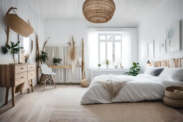 a Scandinavian bedroom with a coastal theme using seashell and driftwood decor