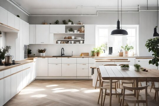 a Scandinavian kitchen with classic white cabinets and a neutral color palette