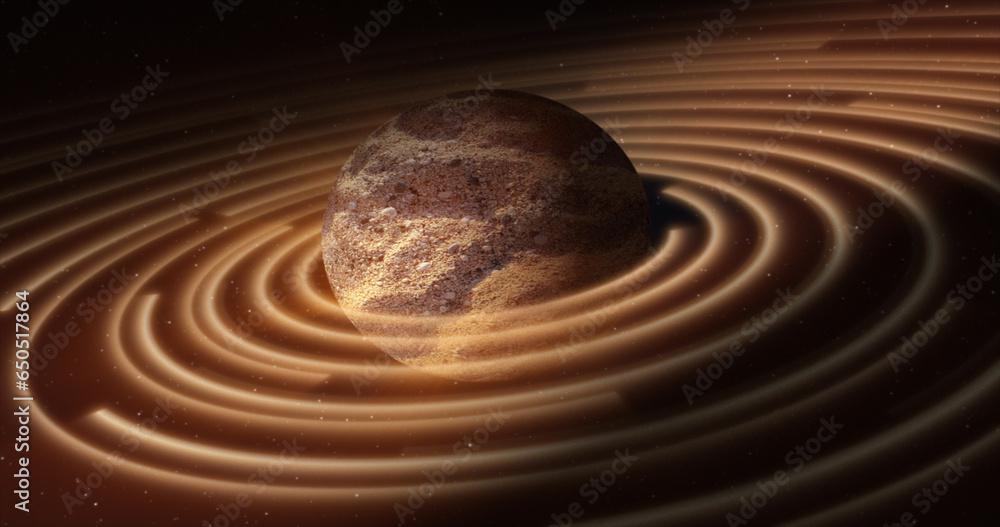 Poster abstract yellow brown space planet with a round asteroid belt ring futuristic hi-tech on the backgro