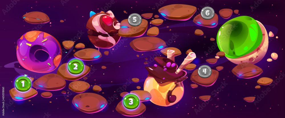 Aufkleber candy space game level map ui illustration vector. chocolate background with food planet for fantasy