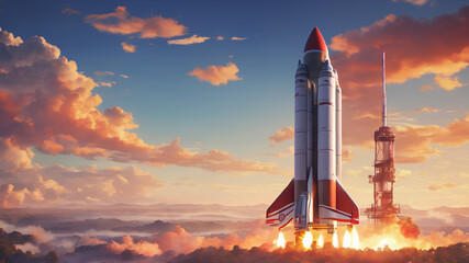 Rocket Takeoff - launch into the Sky on a Spaceflight Exploration - obrazy, fototapety, plakaty