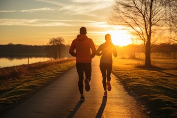 Morning Fitness Duo: Active Adults on a Refreshing Run - obrazy, fototapety, plakaty