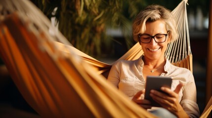 cheerful retired happiness adult female woman surfting social media interinet with tablet device while relax in hammock with garden backyard daylight