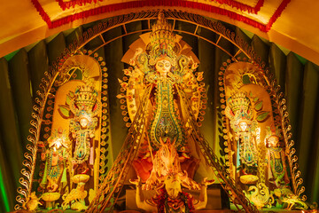 Beautifullly decorated Durga Puja idol inside puja pandal. Durga Puja is biggest festival of...
