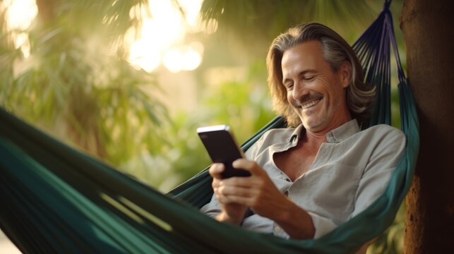 cheerful retired happiness adult male man surfting social media interinet with tablet device while relax in hammock with garden backyard daylight