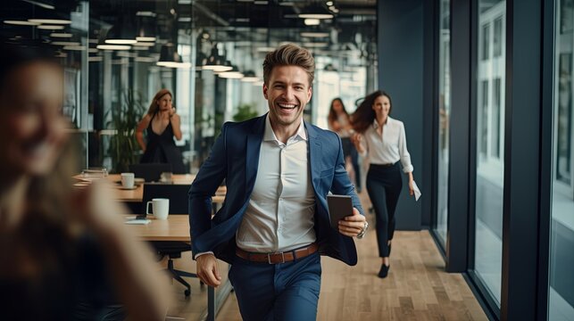 Large group of joyful entrepreneurs having fun on a sports race in the office Happy businesswoman crossing finish line during race.,ai generate