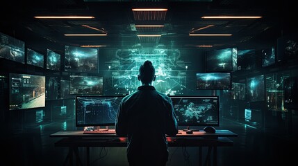 Hacker man data programer working on computers many monitors screen alone in dark room, rear view.