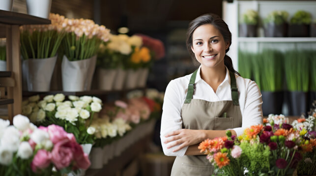 young adult woman sales flowers in flower shop. Happy smiling mature florist woman having eyeglasses and working at flower shop,ai generate