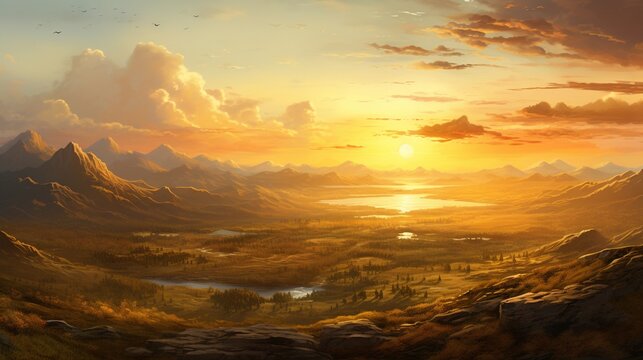  a painting of a beautiful sunset over a mountain range with a lake.  generative ai