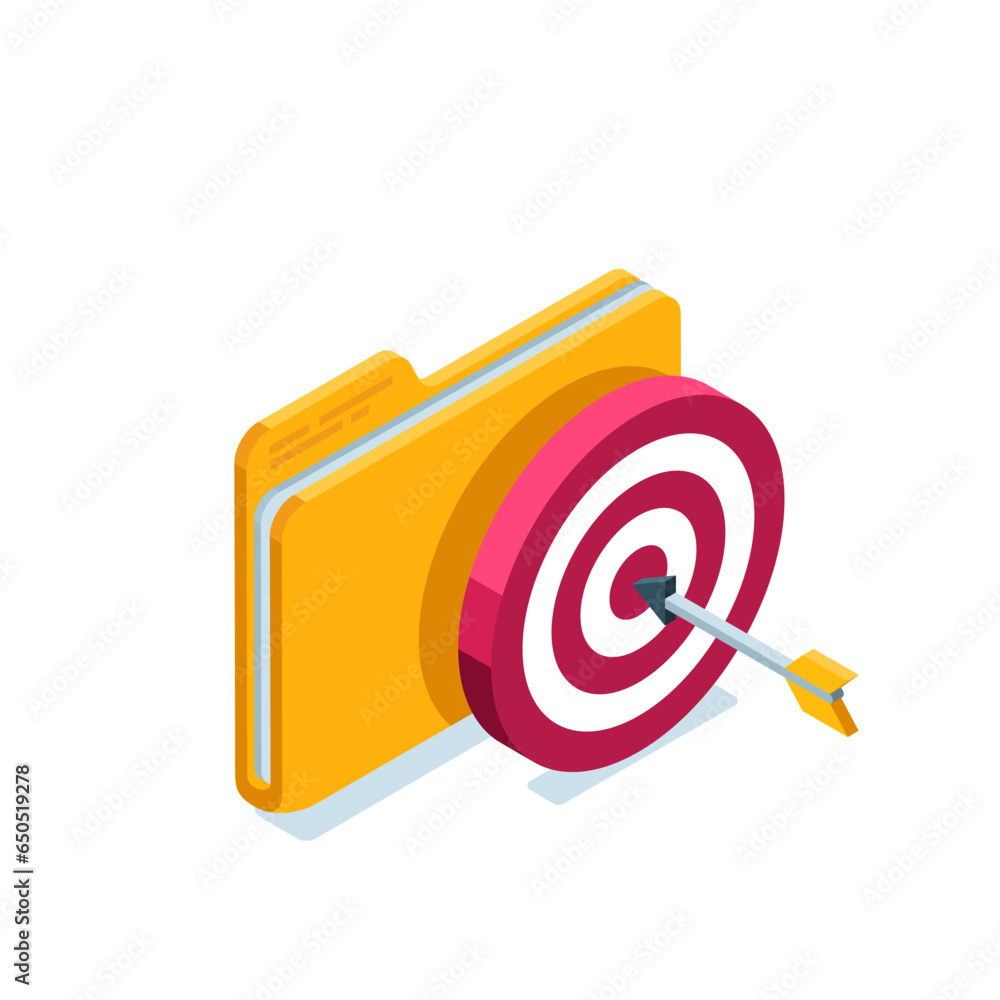 Poster isometric folder and a target with an arrow, in color on a white background, achieving success or su