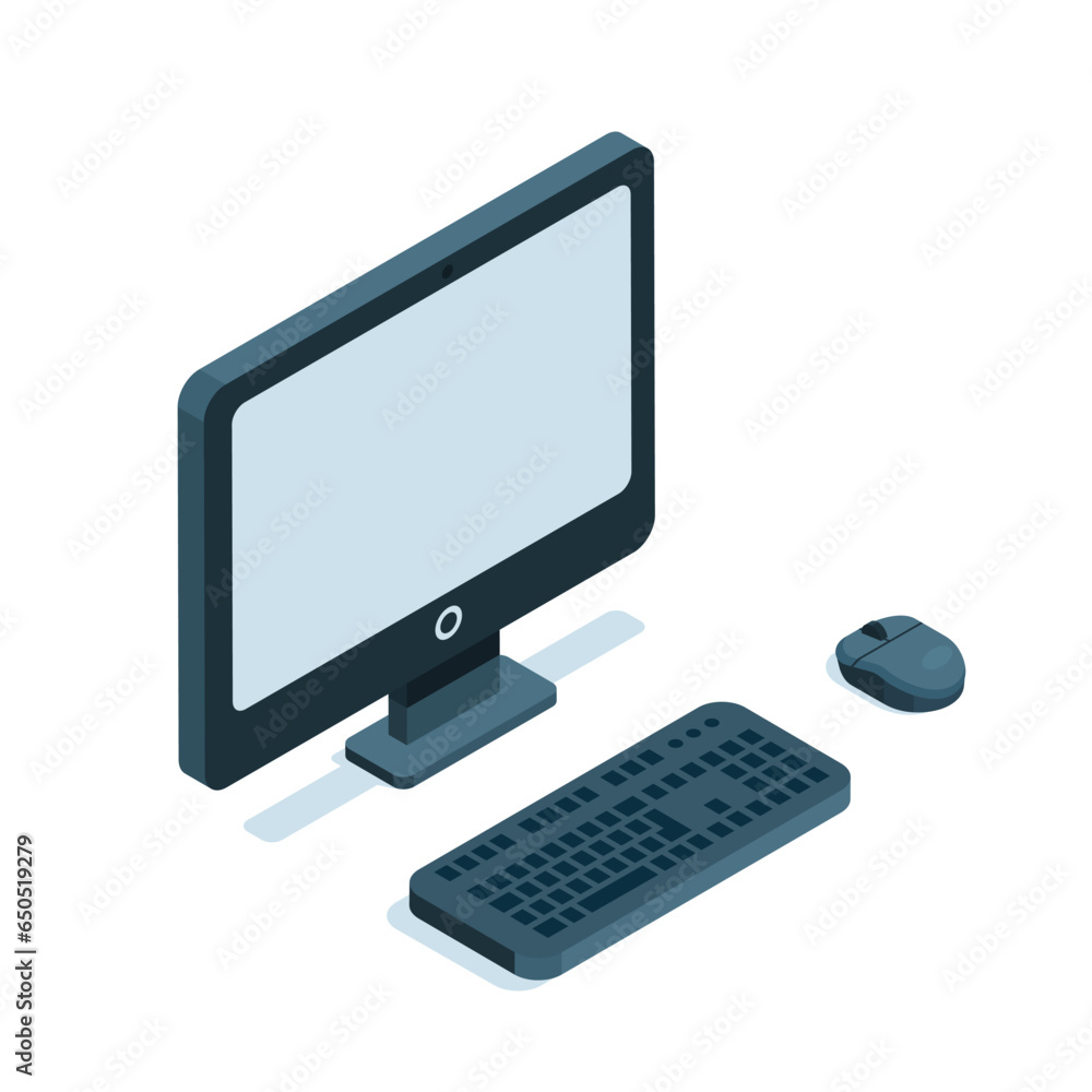 Aufkleber isometric personal computer with keyboard and mouse, in color on a white background, computer equipm