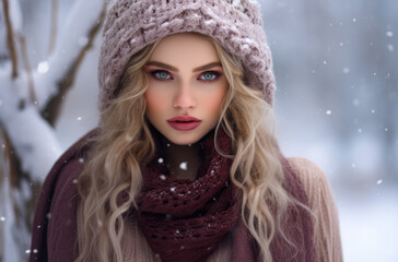 Young woman in a winter scene looking at the camera