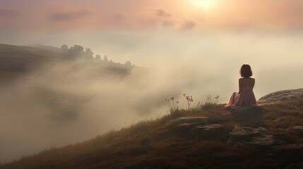  a woman sitting on top of a hill looking at the fog.  generative ai