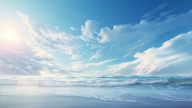  a painting of a blue ocean with white clouds in the sky.  generative ai