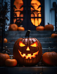 Scary halloween pumpkins that light up internally at night above the classic front door wooden porch created with Generative AI Technology