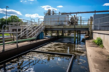A wastewater treatment plant with a waterway and pipes for the treatment process - obrazy, fototapety, plakaty