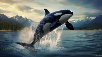 Fototapeta premium an orca jumping out of the water with mountains in the background. generative ai