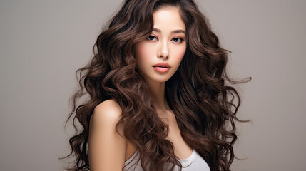Fototapeta premium Elegant young Asian female model beautiful and healthy black brown wavy hair and natural makeup on a clean background
